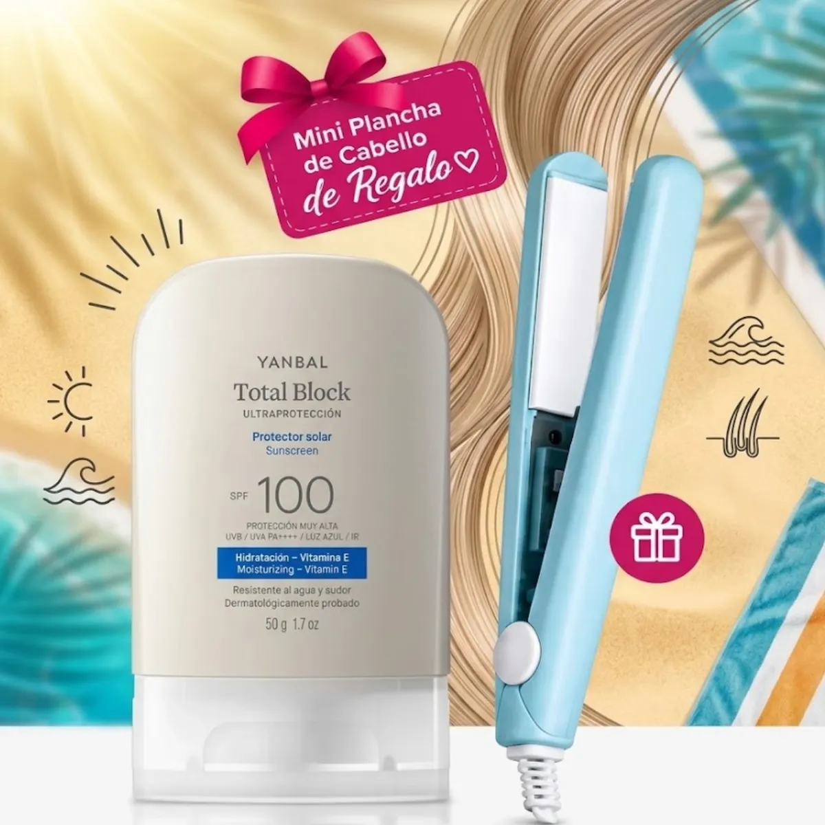 PROTECTOR SOLAR YANBAL TOTAL BLOCK ULTRAPROTECCIÓN SPF 50GR + MINI PLANCHA DE CABELLO ALEATORIO - 1