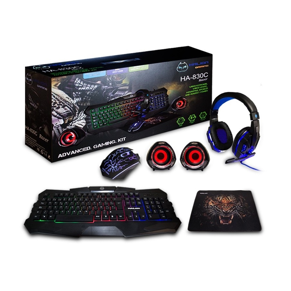 KIT GAMER 5 EN 1 HALION RACER TECLADO+MOUSE CLABLE+AUDIFONO - 1