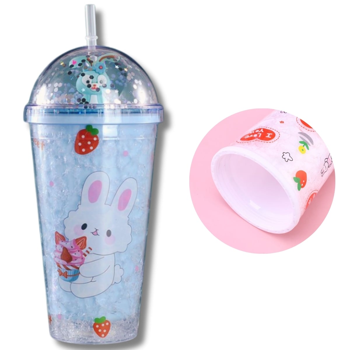 VASO TOMATODO CON GEL PARA ENFRIAR DISEÑOS DE CONEJOS 450 ML CELESTE - 1