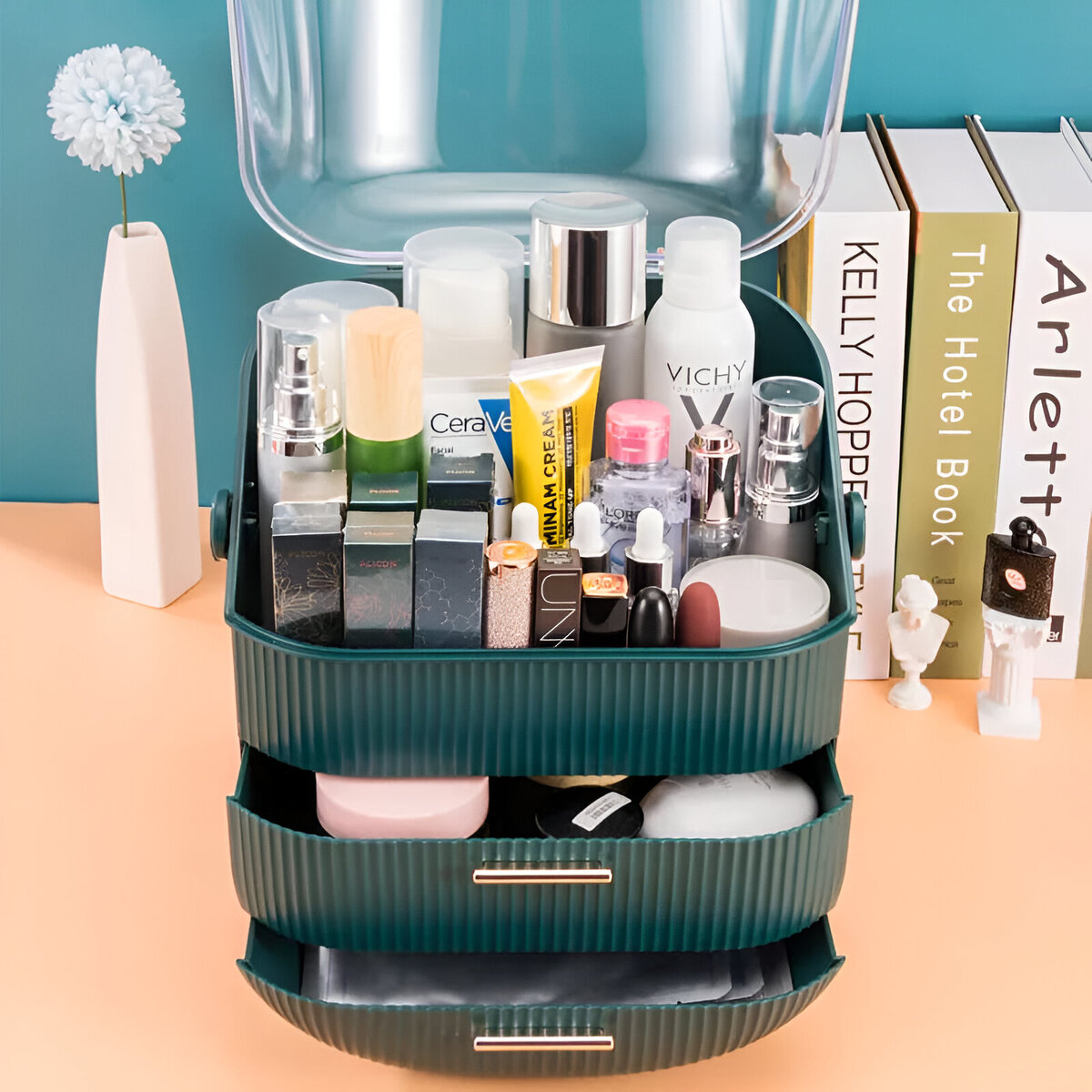 ORGANIZADOR DE MAQUILLAJE PORTA COSMÉTICOS CON ASA Y CAJÓN VERDE - 2
