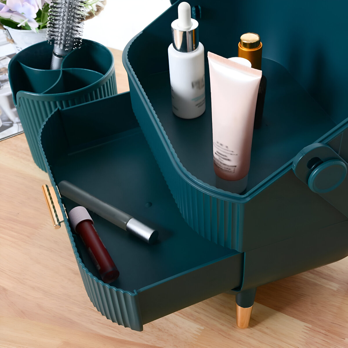 ORGANIZADOR DE MAQUILLAJE PORTA COSMÉTICOS CON ASA Y CAJÓN VERDE - 3