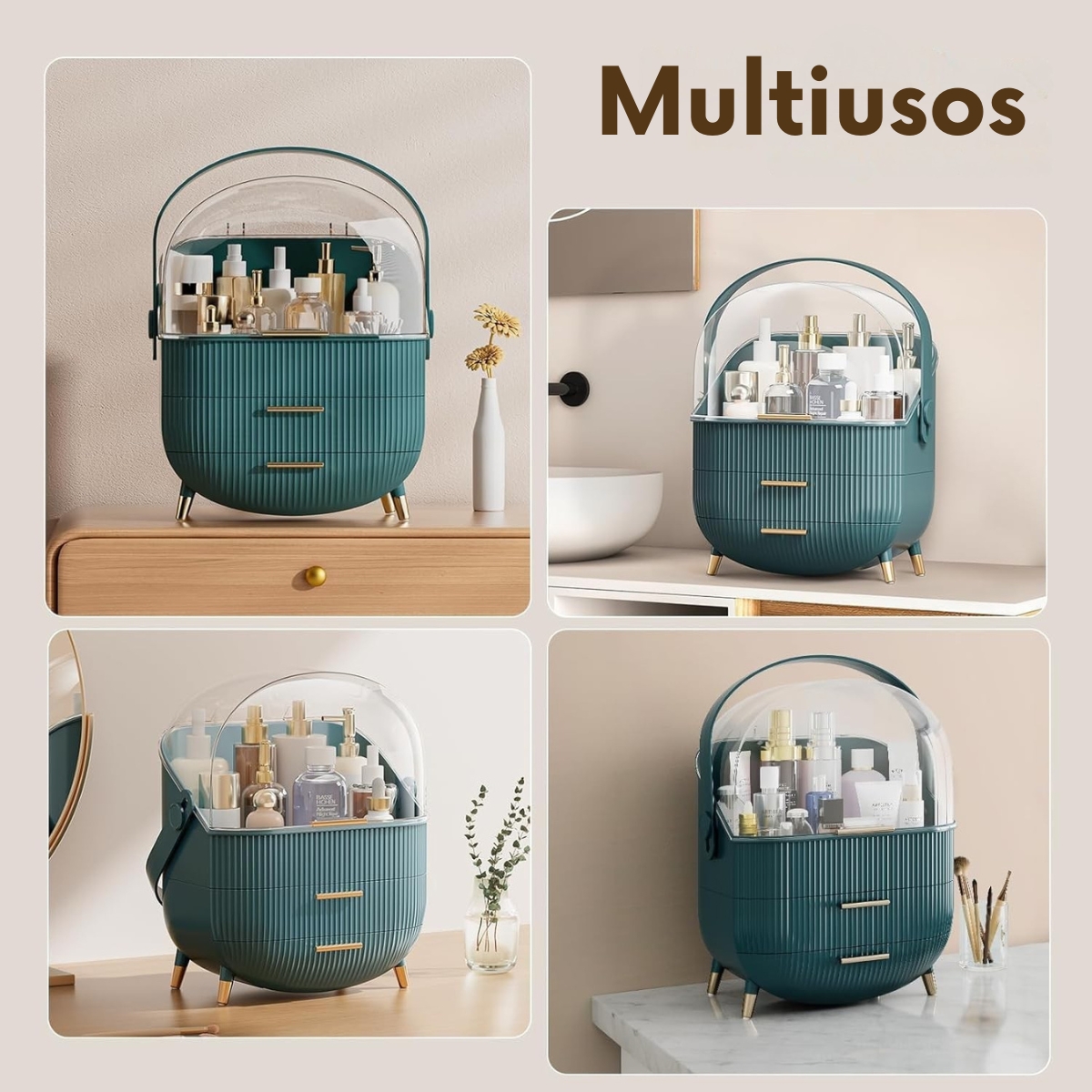 ORGANIZADOR DE MAQUILLAJE PORTA COSMÉTICOS CON ASA Y CAJÓN VERDE - 4