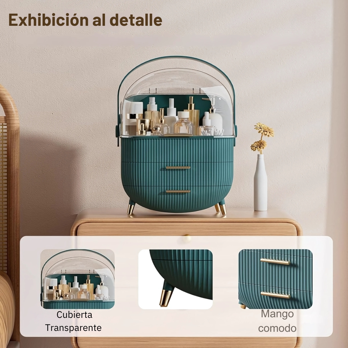 ORGANIZADOR DE MAQUILLAJE PORTA COSMÉTICOS CON ASA Y CAJÓN VERDE - 5