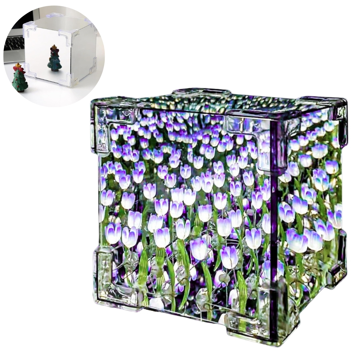 LÁMPARA LED CUBO DE TULIPANES DECORATIVA DE FONDO INFINITO LILA - 1