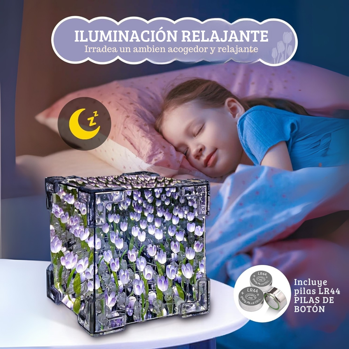 LÁMPARA LED CUBO DE TULIPANES DECORATIVA DE FONDO INFINITO LILA - 3