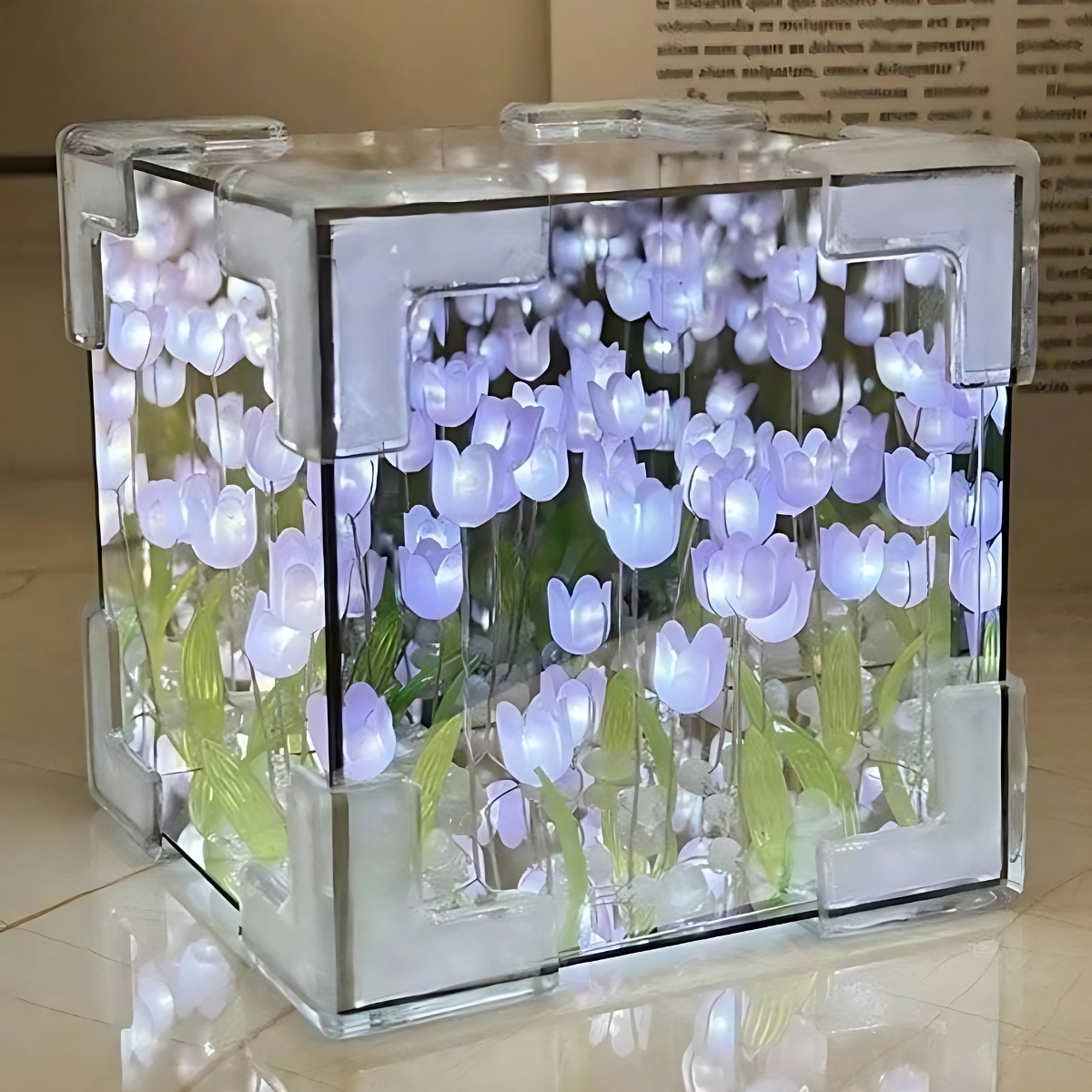 LÁMPARA LED CUBO DE TULIPANES DECORATIVA DE FONDO INFINITO LILA - 5