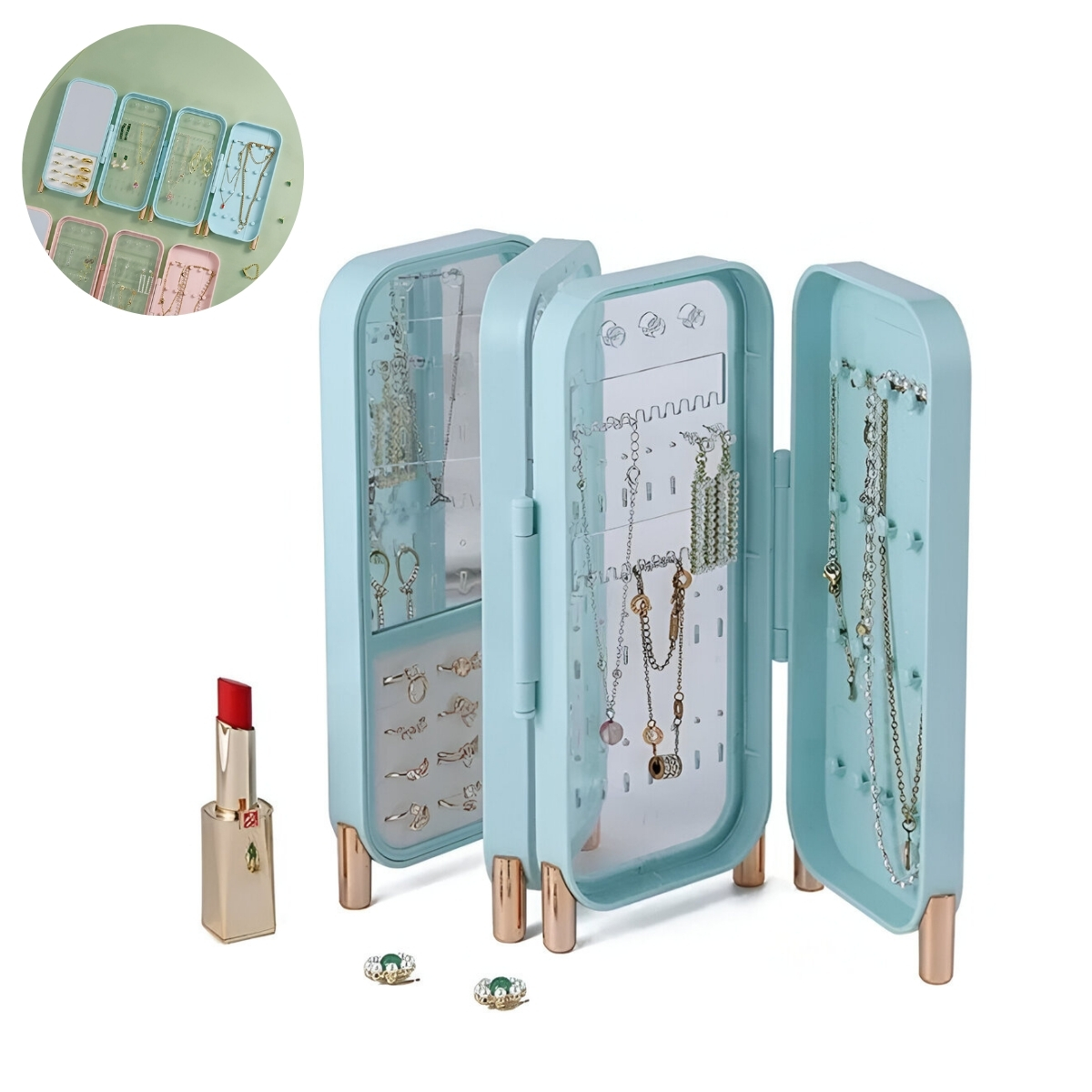 JOYERO DE 4 CAPAS PLEGABLE CON ESPEJO CELESTE - 1