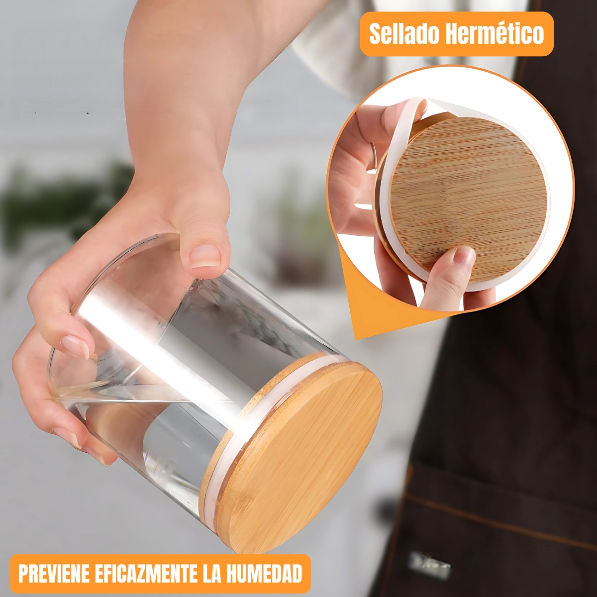 FRASCOS HERMÉTICOS DE VIDRIO BOROSILICATO Y TAPA DE BAMBÚ 700 ML - 3