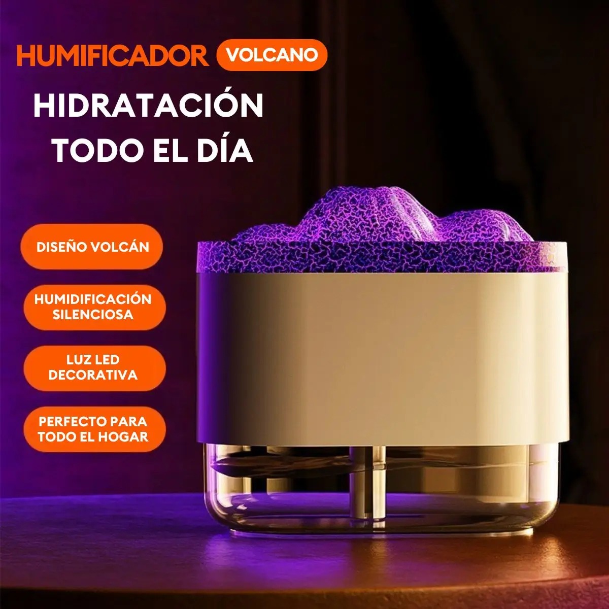 HUMIDIFICADOR CON LUCES LED DISEÑO DECORATIVO MODELO VOLCANO BLANCO - 3