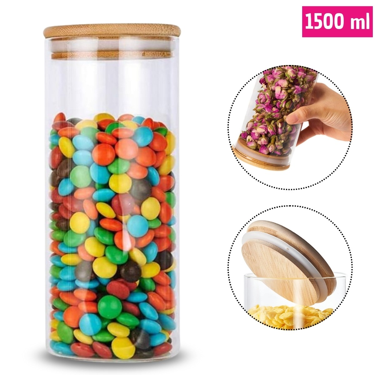 FRASCO DE BOROSILICATO HERMÉTICO CON TAPA DE BAMBÚ  1500ML - 1
