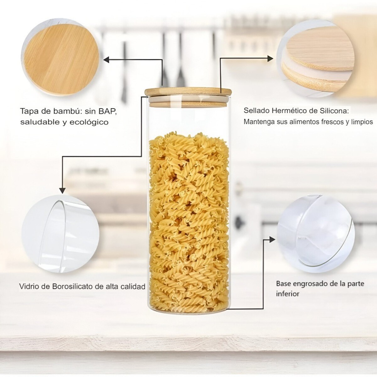 FRASCO DE BOROSILICATO HERMÉTICO CON TAPA DE BAMBÚ  1500ML - 5