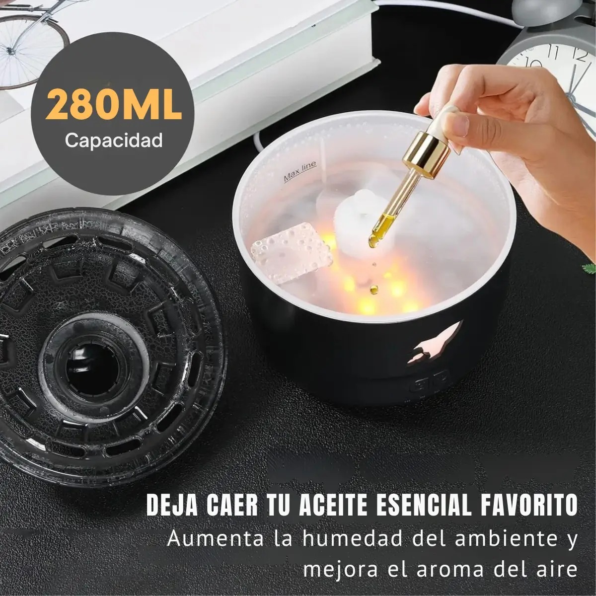 HUMIDIFICADOR MODELO CAÑÓN CON LUCES LED DECORATIVO COLOR NEGRO - 2