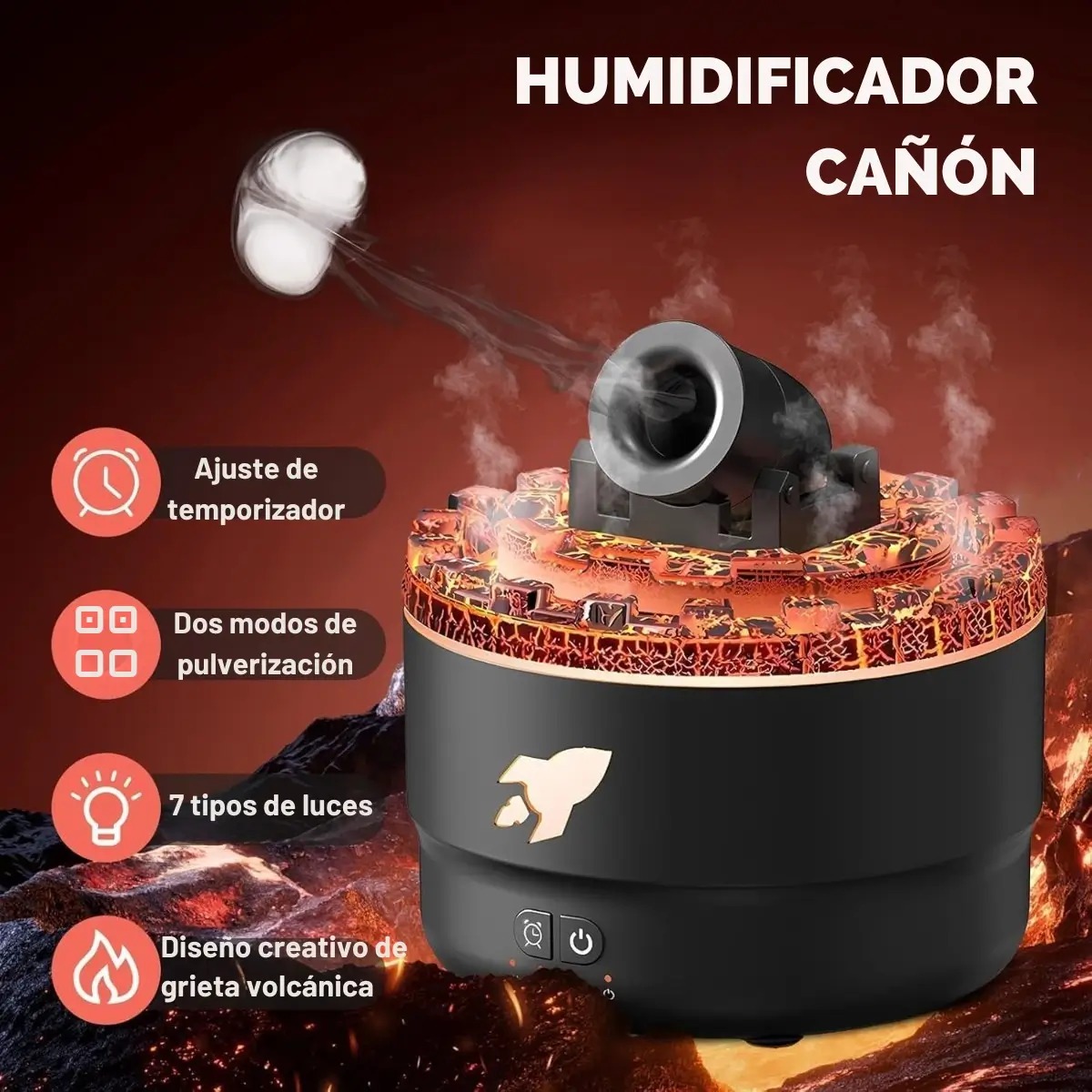 HUMIDIFICADOR MODELO CAÑÓN CON LUCES LED DECORATIVO COLOR NEGRO - 6