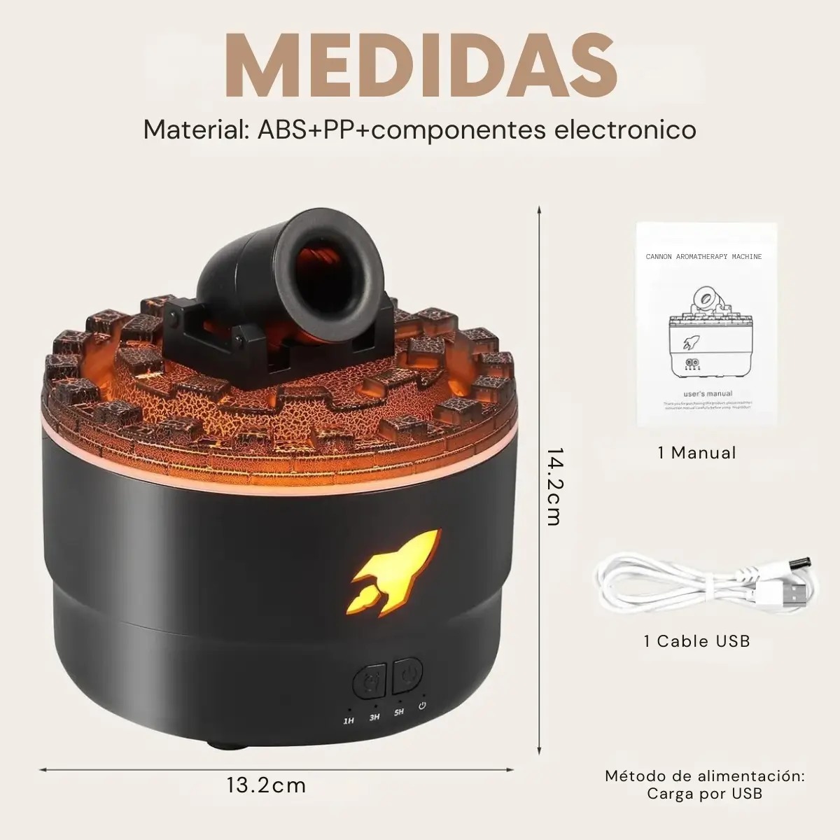 HUMIDIFICADOR MODELO CAÑÓN CON LUCES LED DECORATIVO COLOR NEGRO - 7
