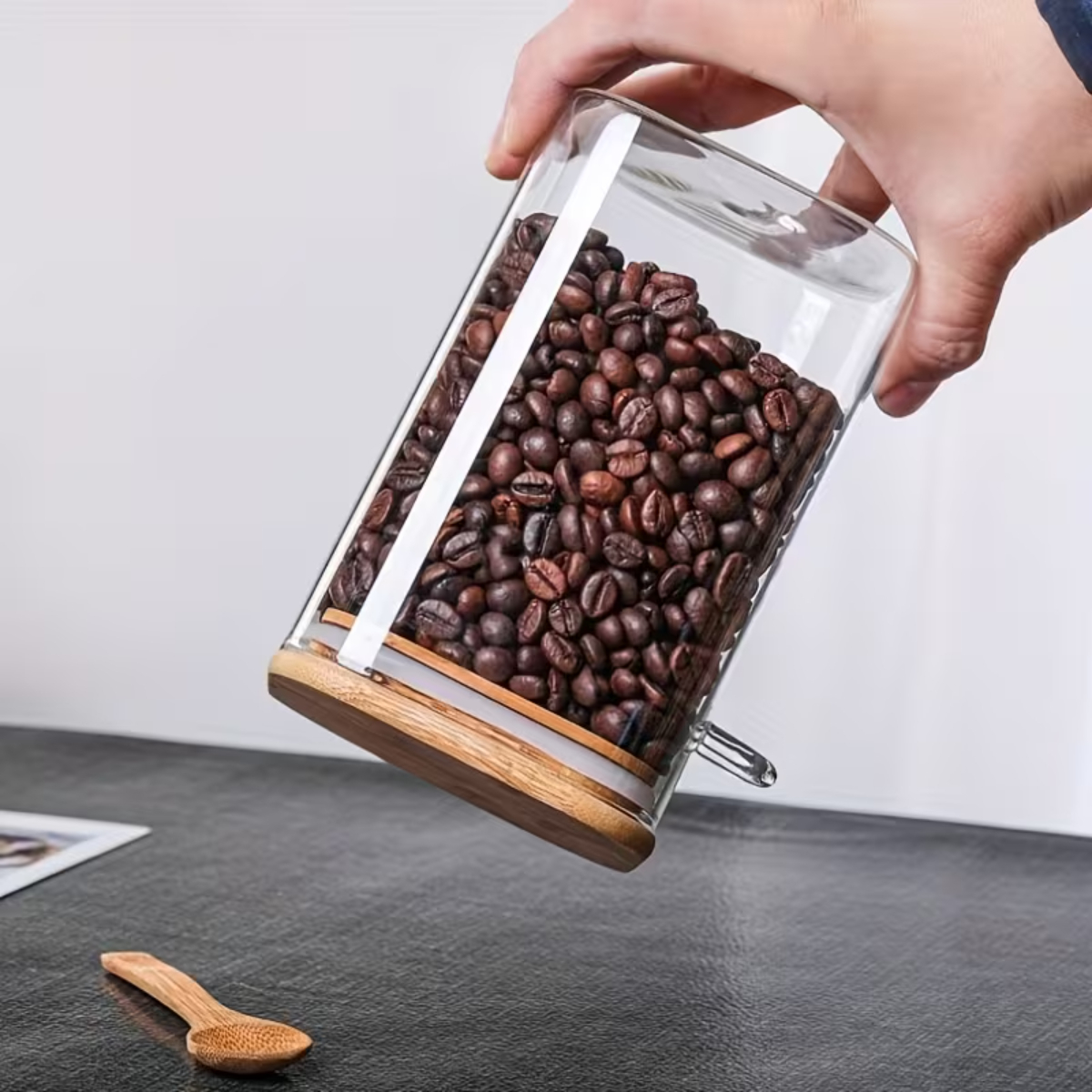 FRASCO DE VIDRIO CON TAPA DE BAMBÚ Y CUCHARA 500 ML CUADRADO - 2