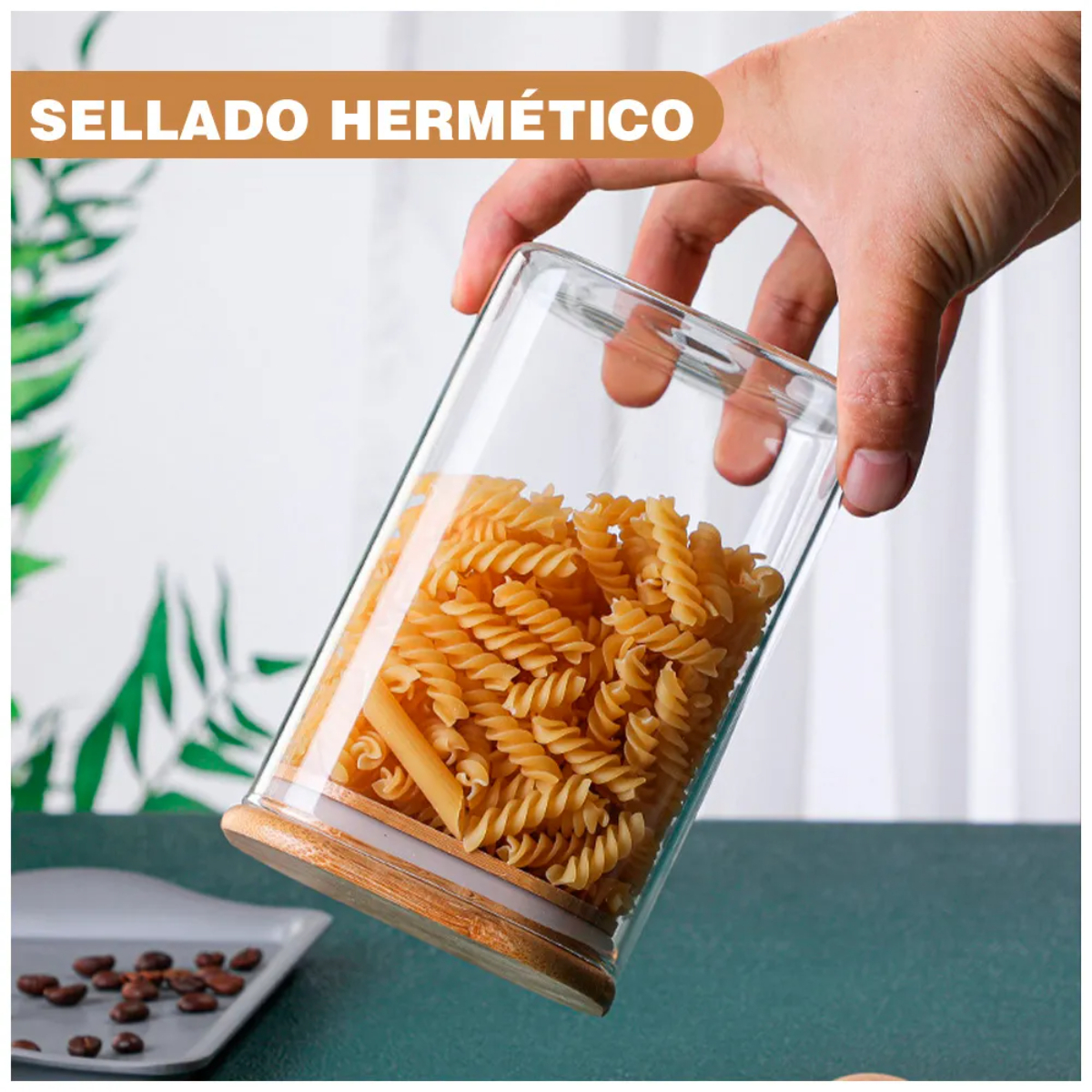 FRASCO DE VIDRIO CON TAPA DE BAMBÚ Y CUCHARA 500 ML CUADRADO - 4
