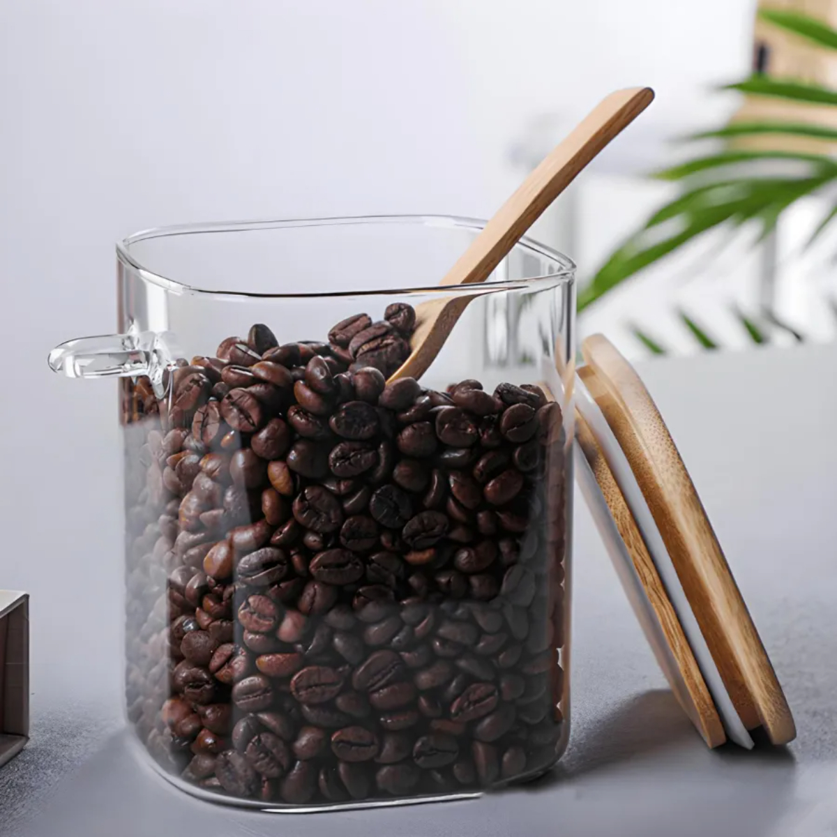 FRASCO DE VIDRIO CON TAPA DE BAMBÚ Y CUCHARA 500 ML CUADRADO - 5
