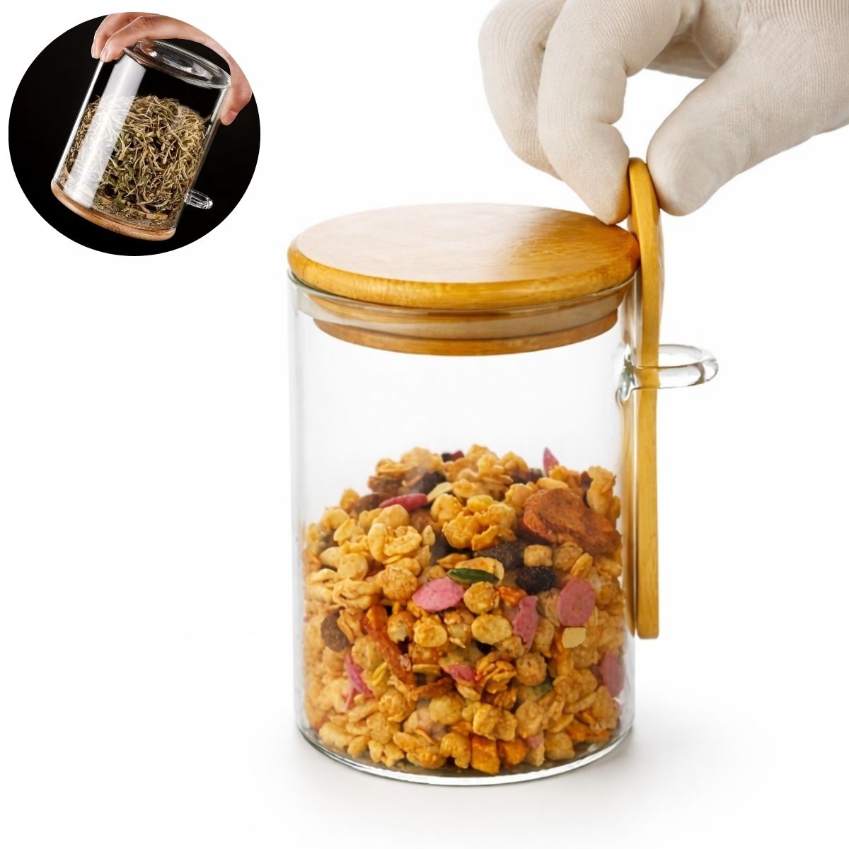 FRASCO DE VIDRIO CON TAPA DE BAMBÚ Y CUCHARA 500 ML REDONDO - 1