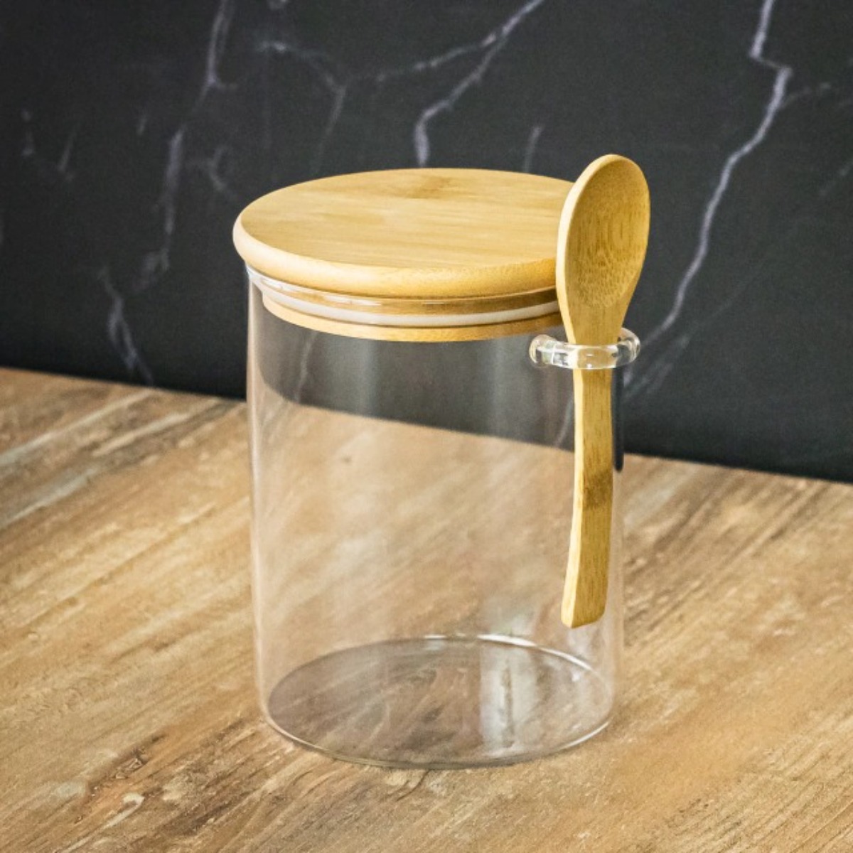 FRASCO DE VIDRIO CON TAPA DE BAMBÚ Y CUCHARA 500 ML REDONDO - 7