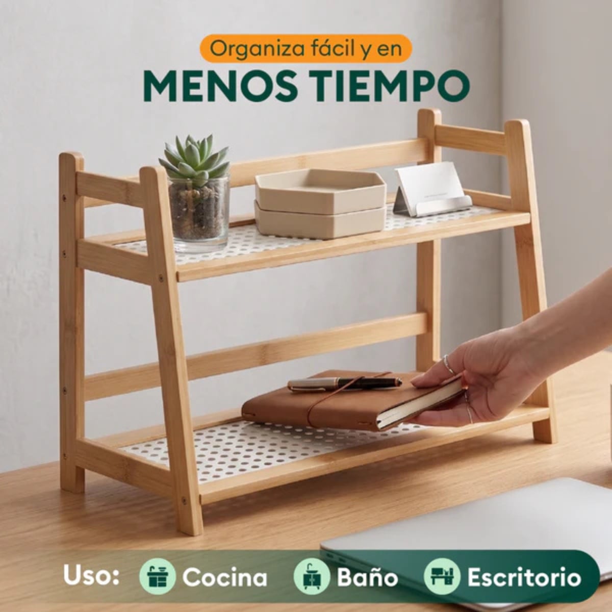ORGANIZADOR DE 2 NIVELES DE BAMBÚ REPISA CON REJILLA - 2