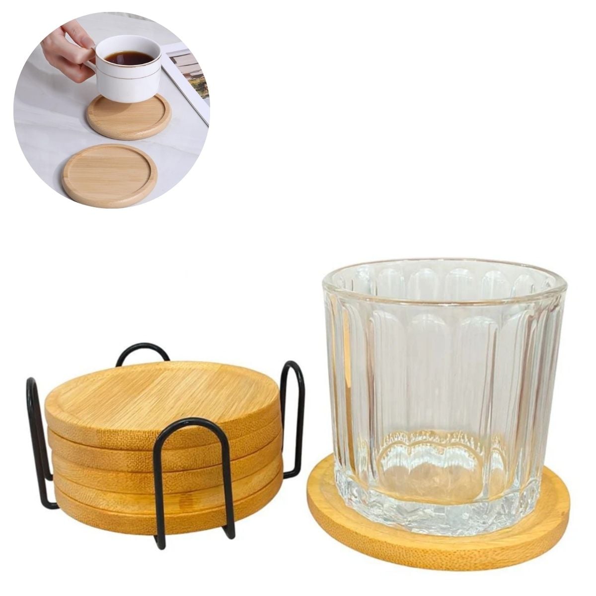 SET DE 4 POSAVASOS DE BAMBÚ CON SOPORTE MODELO REDONDO - 1