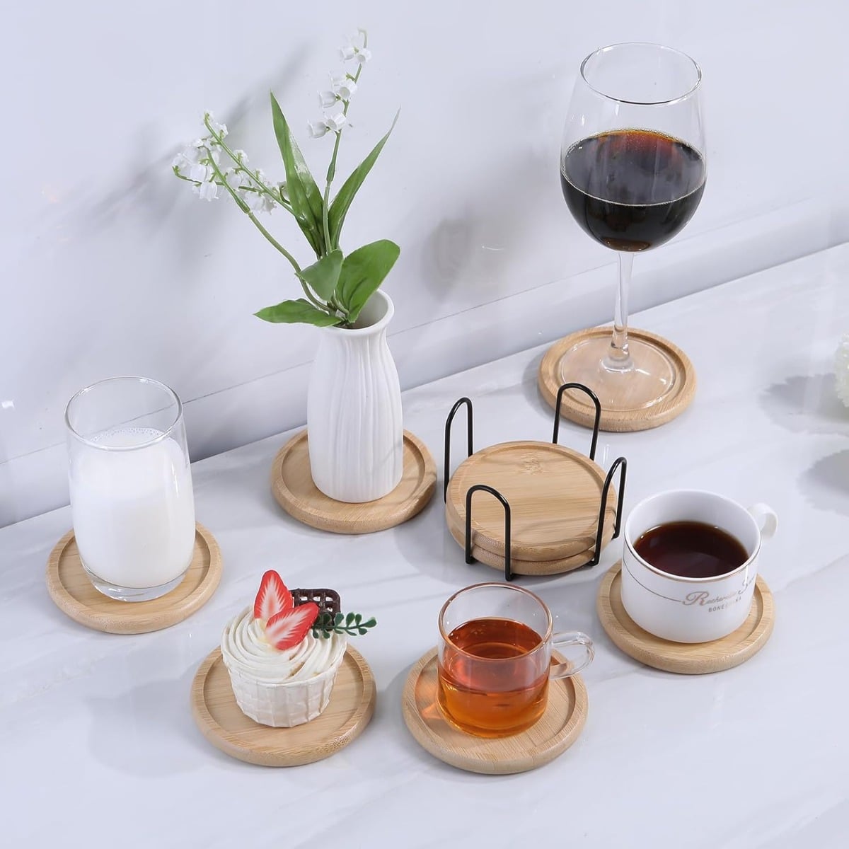 SET DE 4 POSAVASOS DE BAMBÚ CON SOPORTE MODELO REDONDO - 3