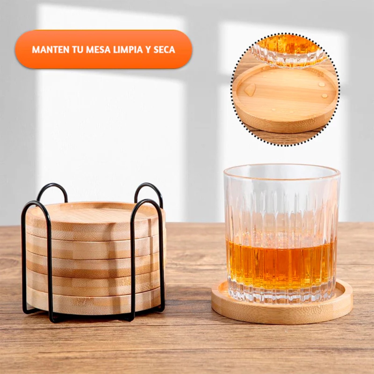 SET DE 4 POSAVASOS DE BAMBÚ CON SOPORTE MODELO REDONDO - 6