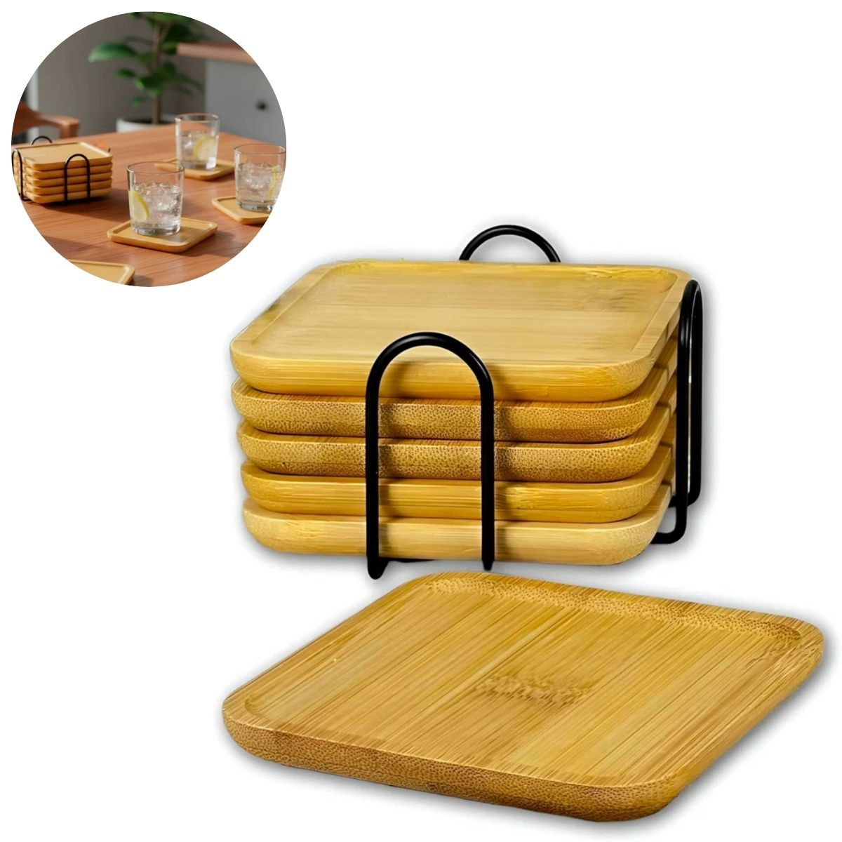 SET DE 4 POSAVASOS CUADRADOS DE BAMBÚ CON SOPORTE - 1