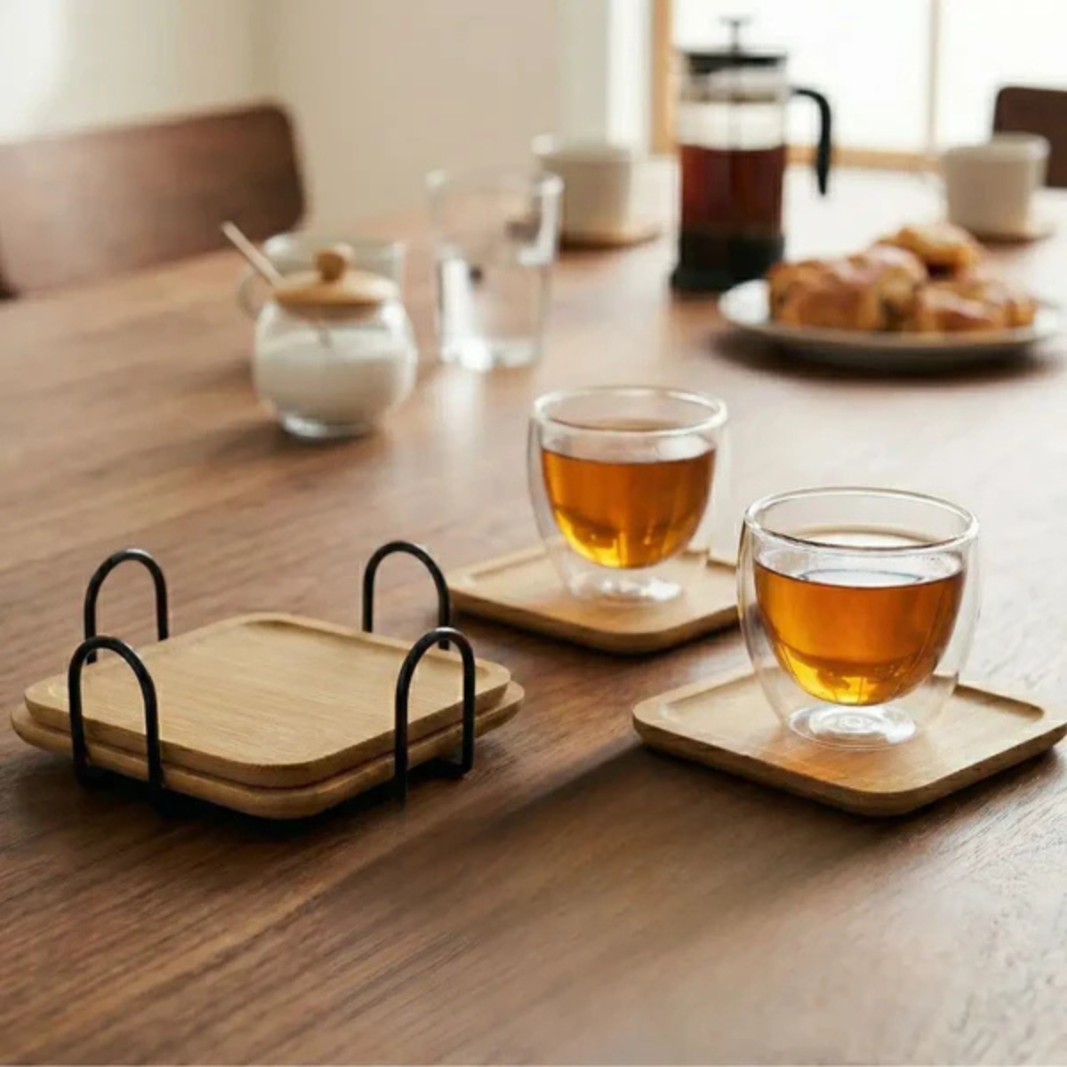 SET DE 4 POSAVASOS CUADRADOS DE BAMBÚ CON SOPORTE - 2