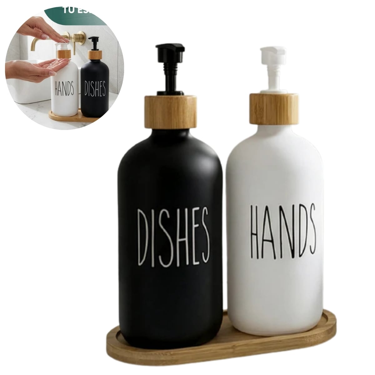 SET DISPENSADOR DOBLE DE VIDRIO CON BASE DE BAMBÚ NÓRDICO - 1