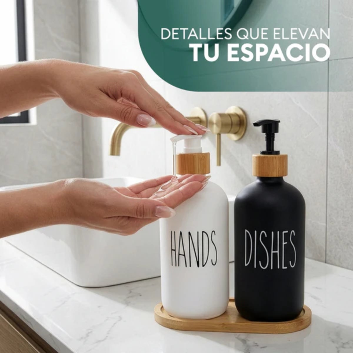 SET DISPENSADOR DOBLE DE VIDRIO CON BASE DE BAMBÚ NÓRDICO - 2