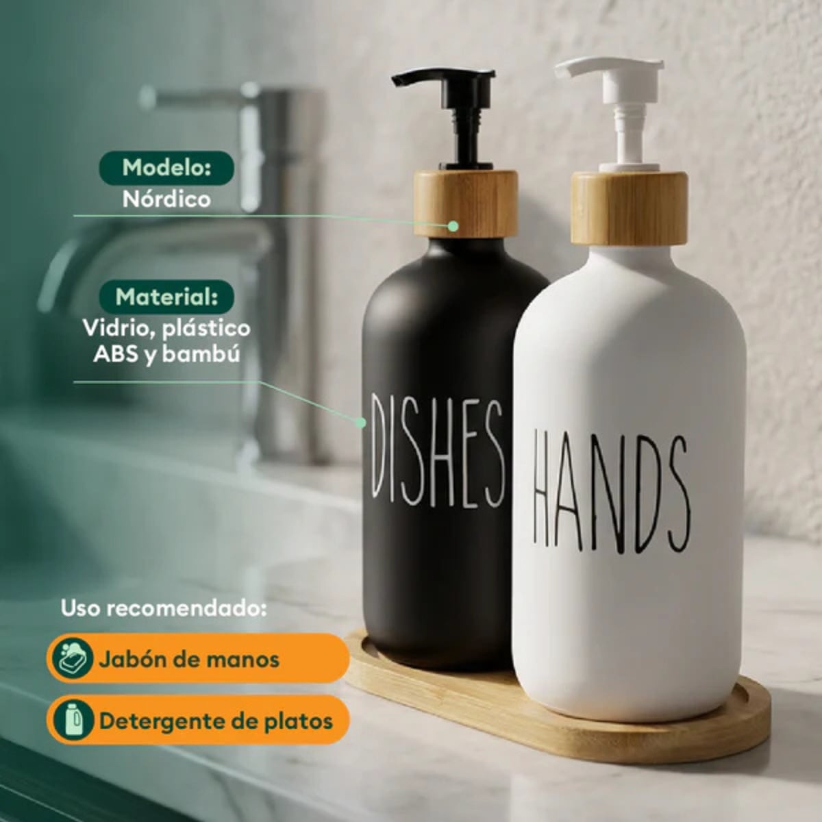 SET DISPENSADOR DOBLE DE VIDRIO CON BASE DE BAMBÚ NÓRDICO - 4