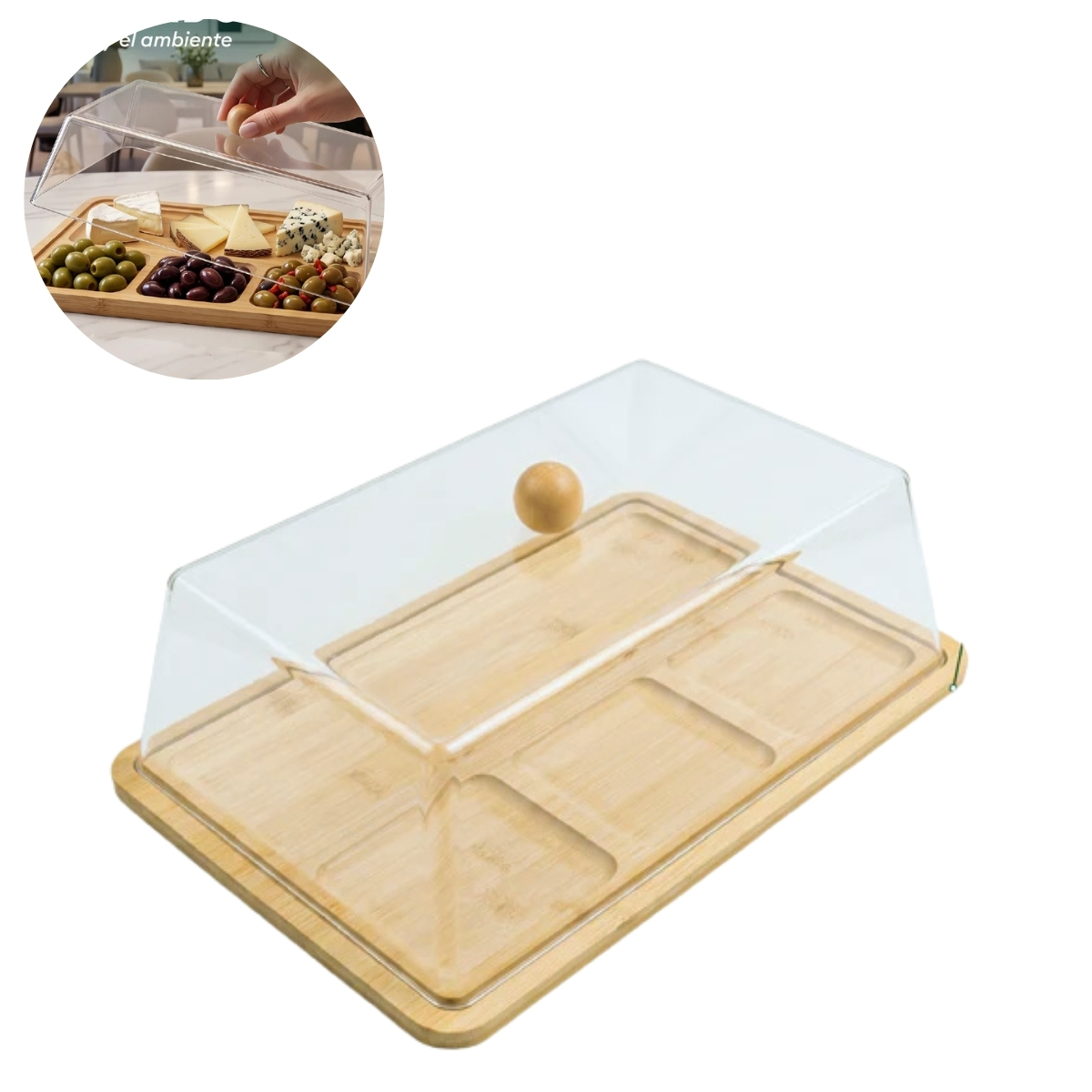 PORTA QUESOS DE BAMBÚ CON TAPA ACRÍLICA RECTANGULAR - 1