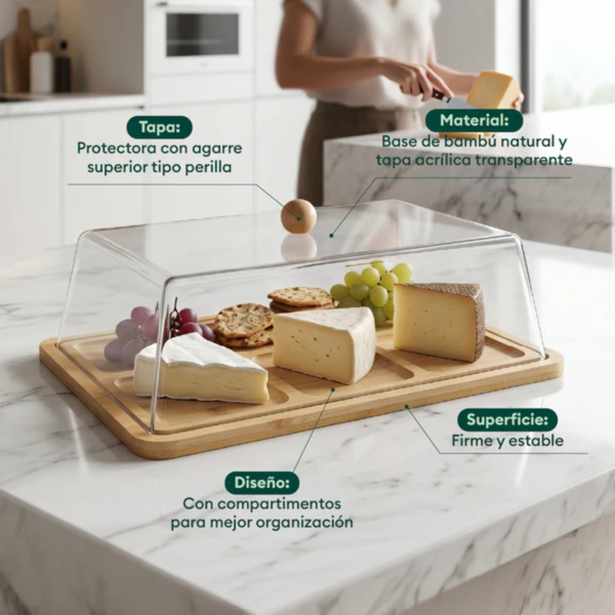 PORTA QUESOS DE BAMBÚ CON TAPA ACRÍLICA RECTANGULAR - 4