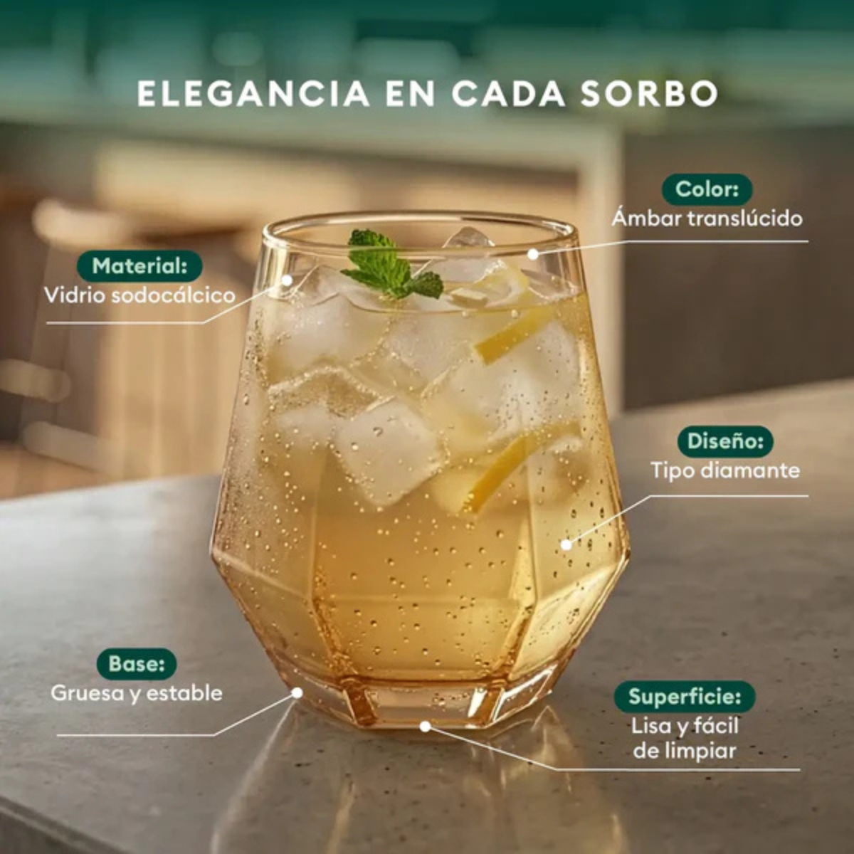 SET DE 6 VASOS DIAMOND DE VIDRIO 330 ML ÁMBAR - 4