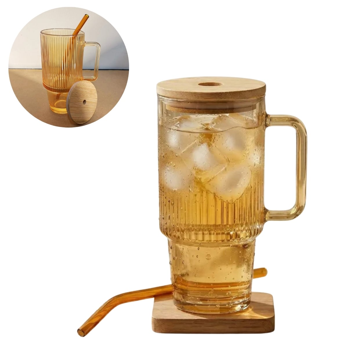 TAZA DE VIDRIO TORNASOL CON TAPA DE BAMBÚ Y SORBETE PRAGA - 1