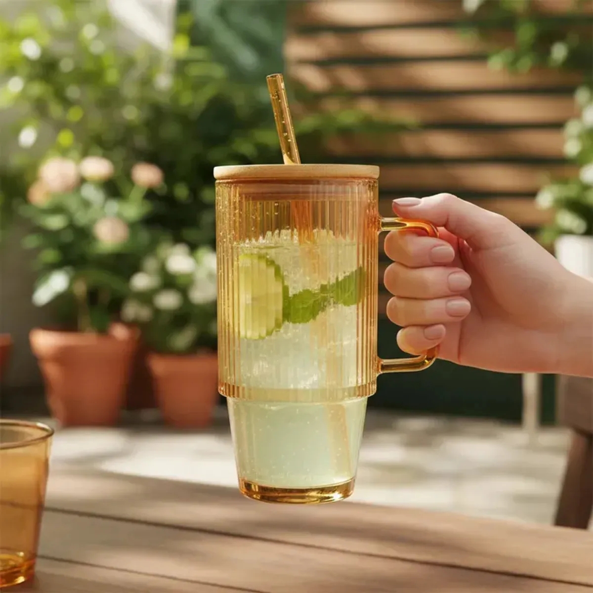 TAZA DE VIDRIO TORNASOL CON TAPA DE BAMBÚ Y SORBETE PRAGA - 2