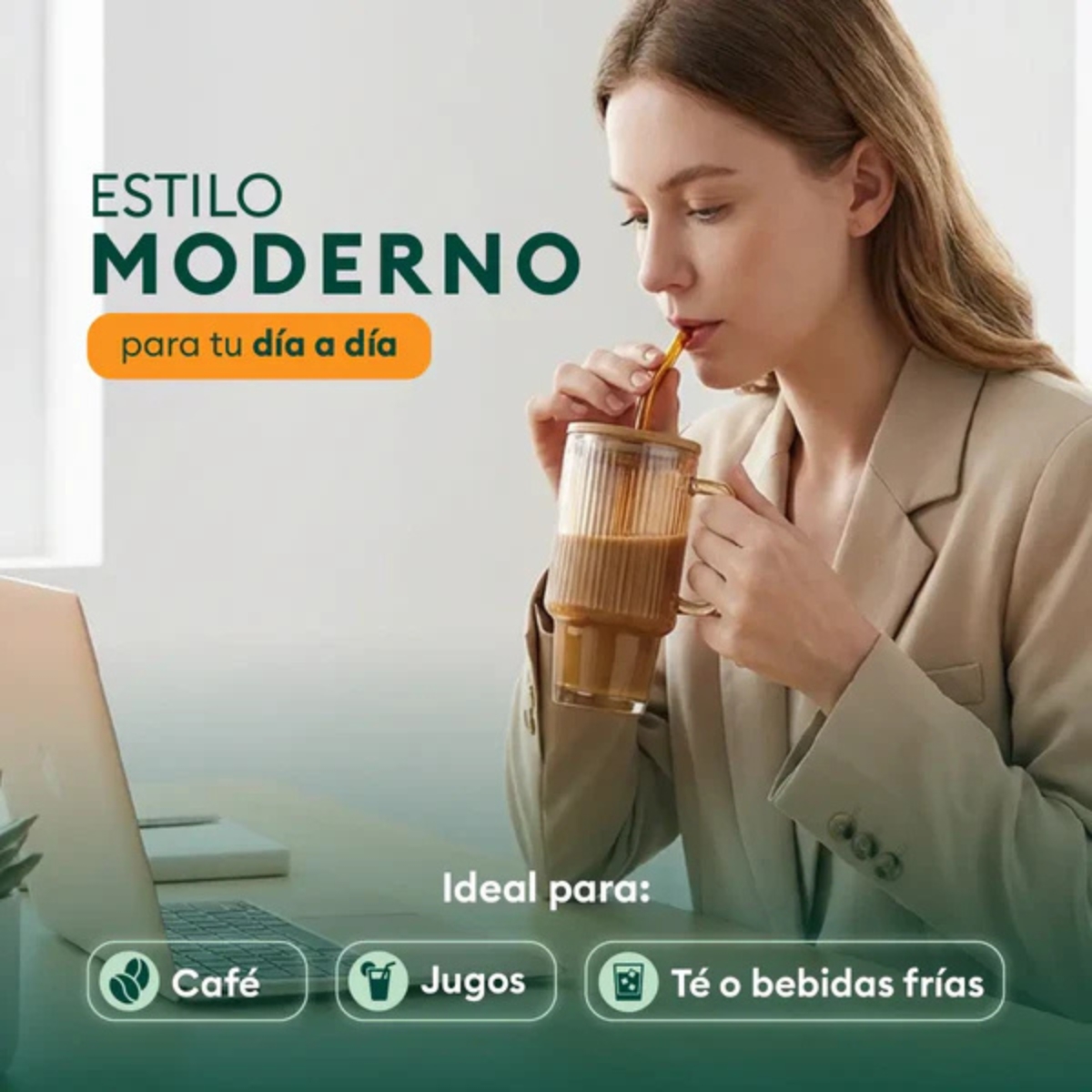 TAZA DE VIDRIO TORNASOL CON TAPA DE BAMBÚ Y SORBETE PRAGA - 3