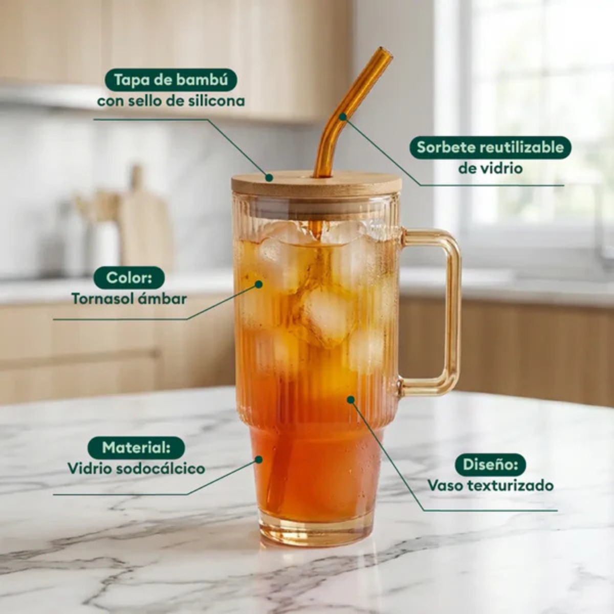 TAZA DE VIDRIO TORNASOL CON TAPA DE BAMBÚ Y SORBETE PRAGA - 4
