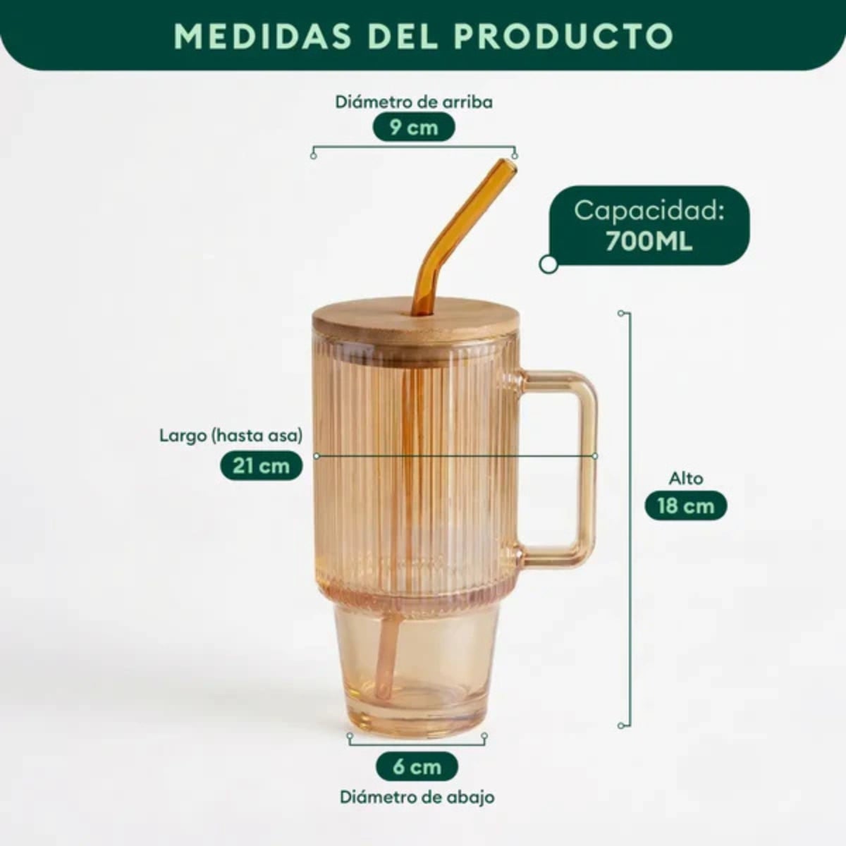 TAZA DE VIDRIO TORNASOL CON TAPA DE BAMBÚ Y SORBETE PRAGA - 6