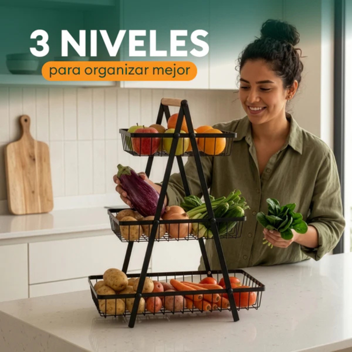 FRUTERO ESCALERA DE 3 NIVELES DE METAL NEGRO - 2