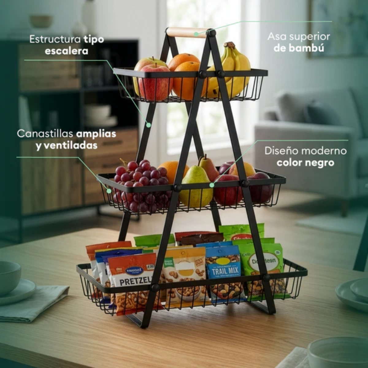 FRUTERO ESCALERA DE 3 NIVELES DE METAL NEGRO - 5