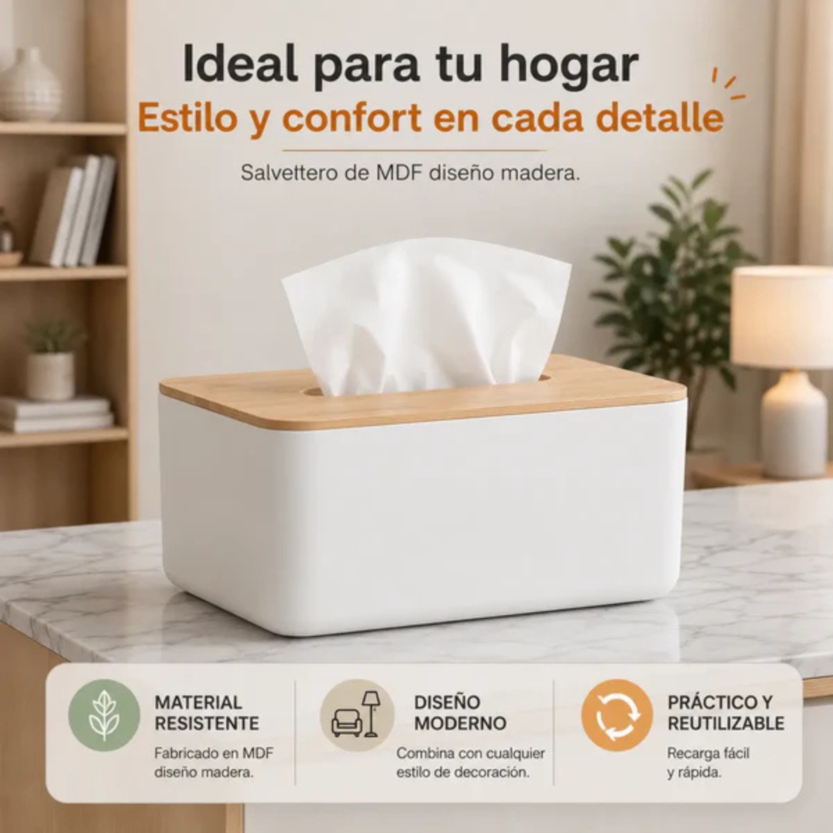 CAJA DISPENSADORA DE PAÑUELOS CON TAPA DISEÑO BAMBÚ - 4