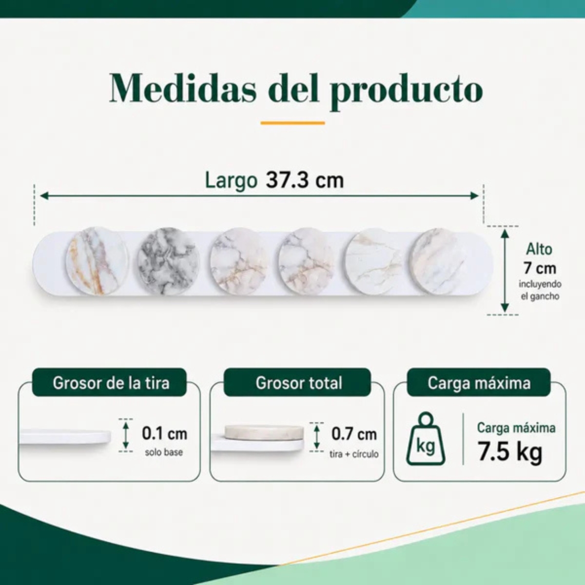 PERCHERO ADHESIVO DE 6 GANCHOS MÁRMOL REDONDO - 4