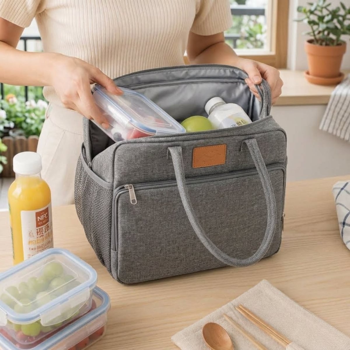 BOLSO LONCHERA TÉRMICA DE TELA OXFORD CON ASAS GRIS - 2