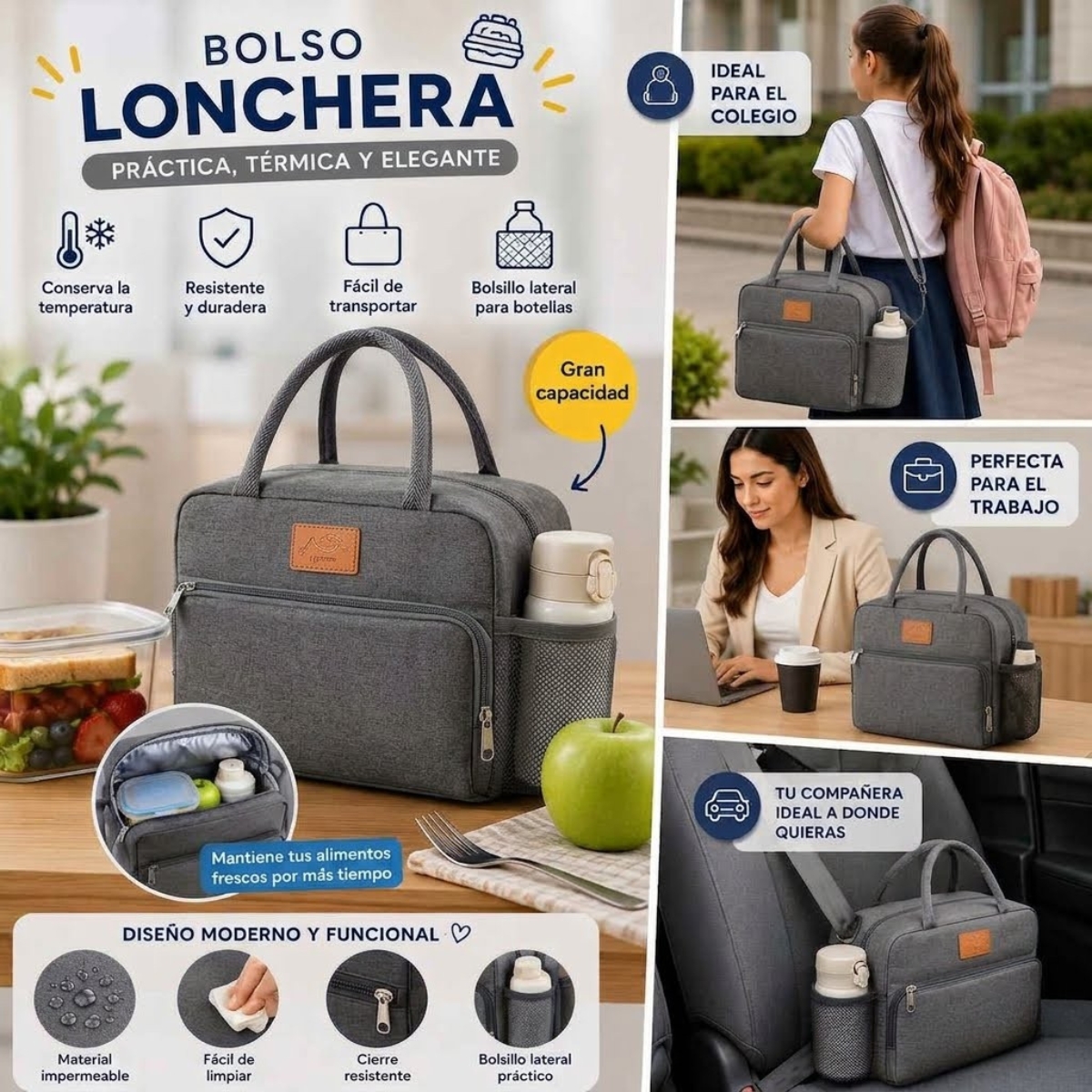 BOLSO LONCHERA TÉRMICA DE TELA OXFORD CON ASAS GRIS - 6