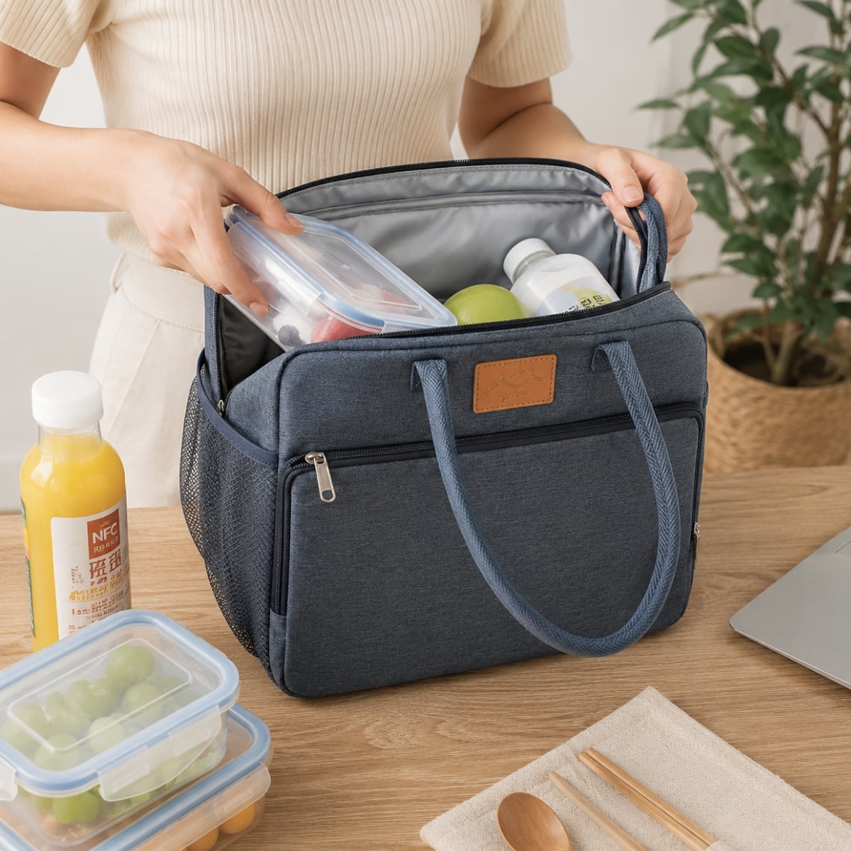 BOLSO LONCHERA TÉRMICA DE TELA OXFORD CON ASAS AZUL - 3