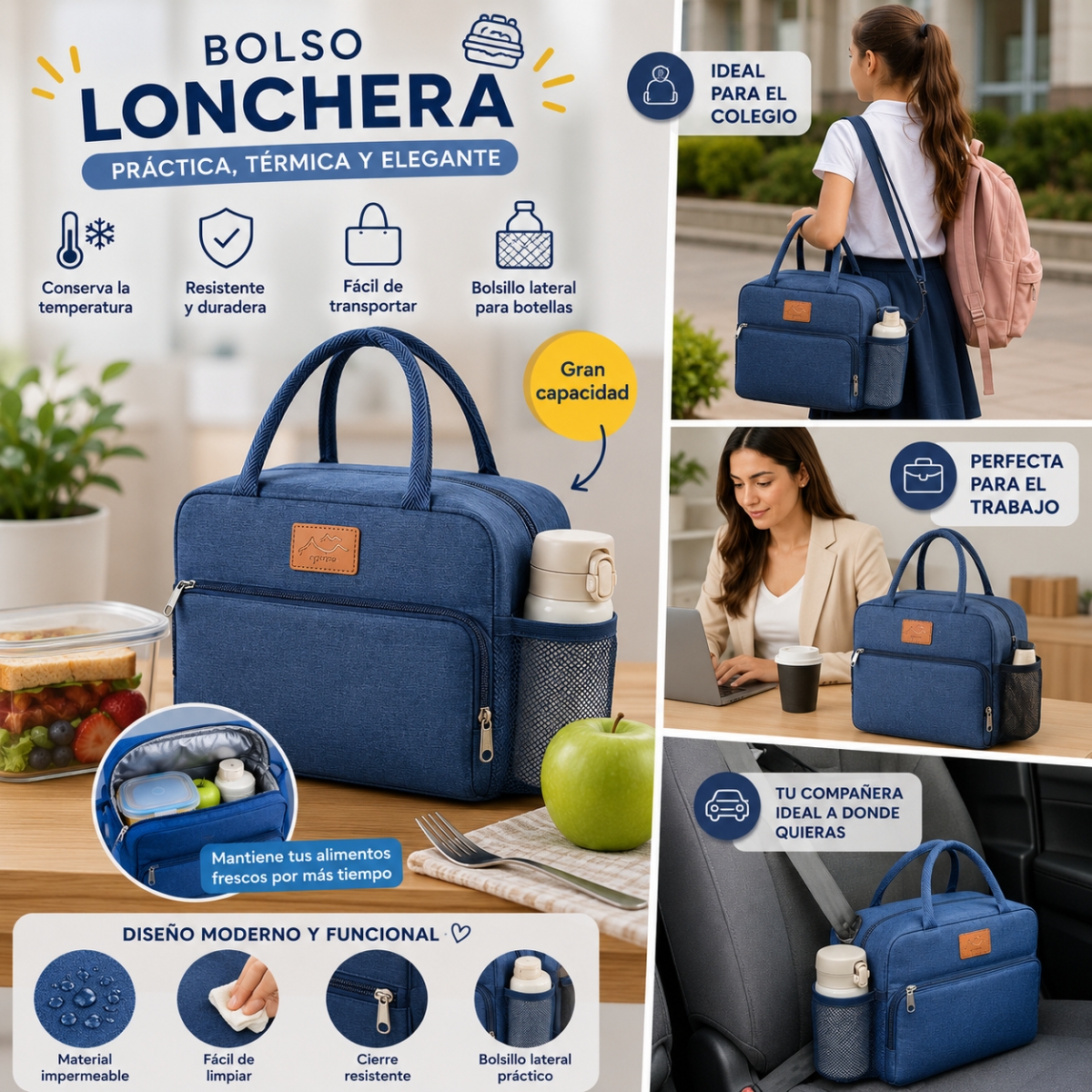 BOLSO LONCHERA TÉRMICA DE TELA OXFORD CON ASAS AZUL - 7