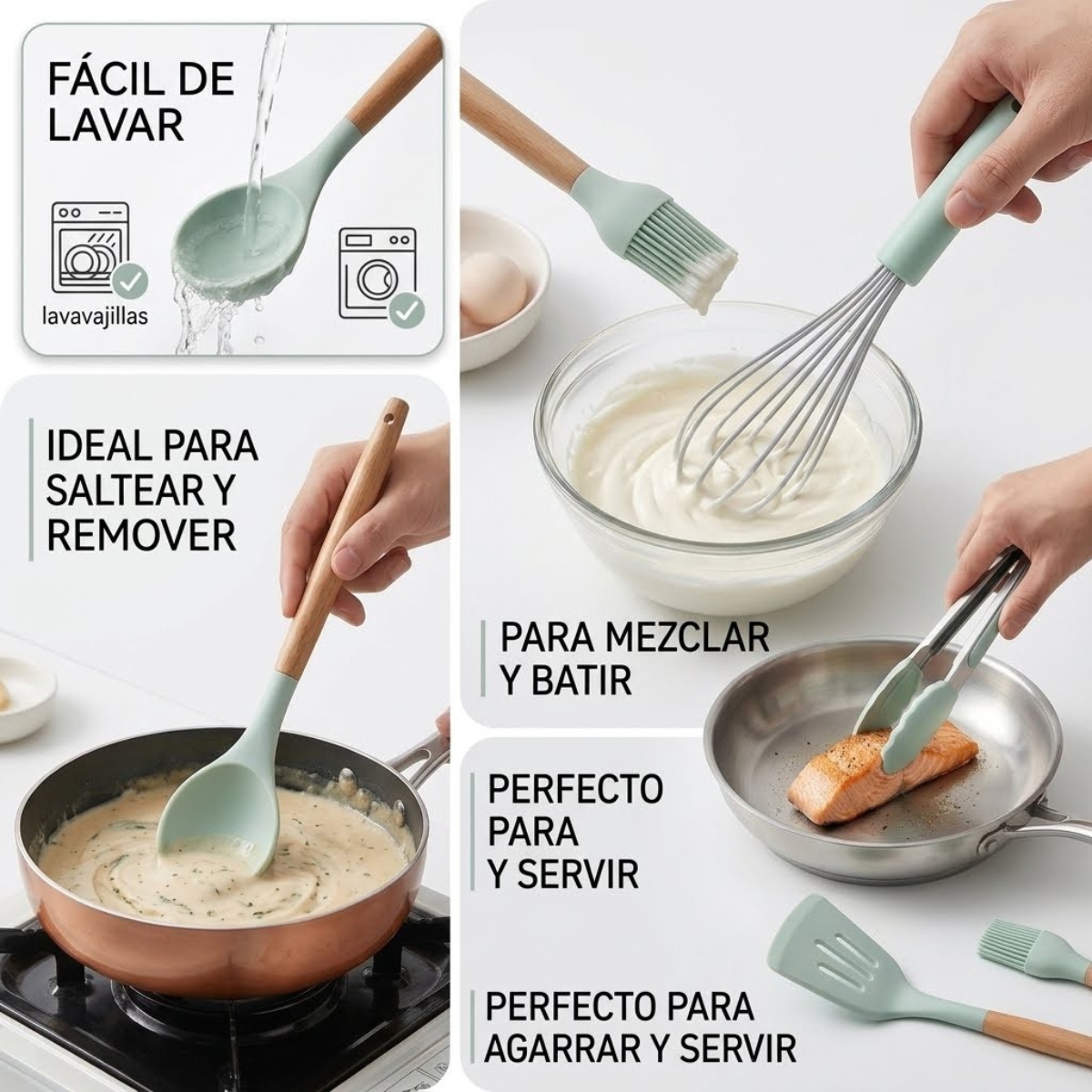 SET DE UTENSILIOS DE SILICONA DE 12 PIEZAS VERDE AGUA - 4