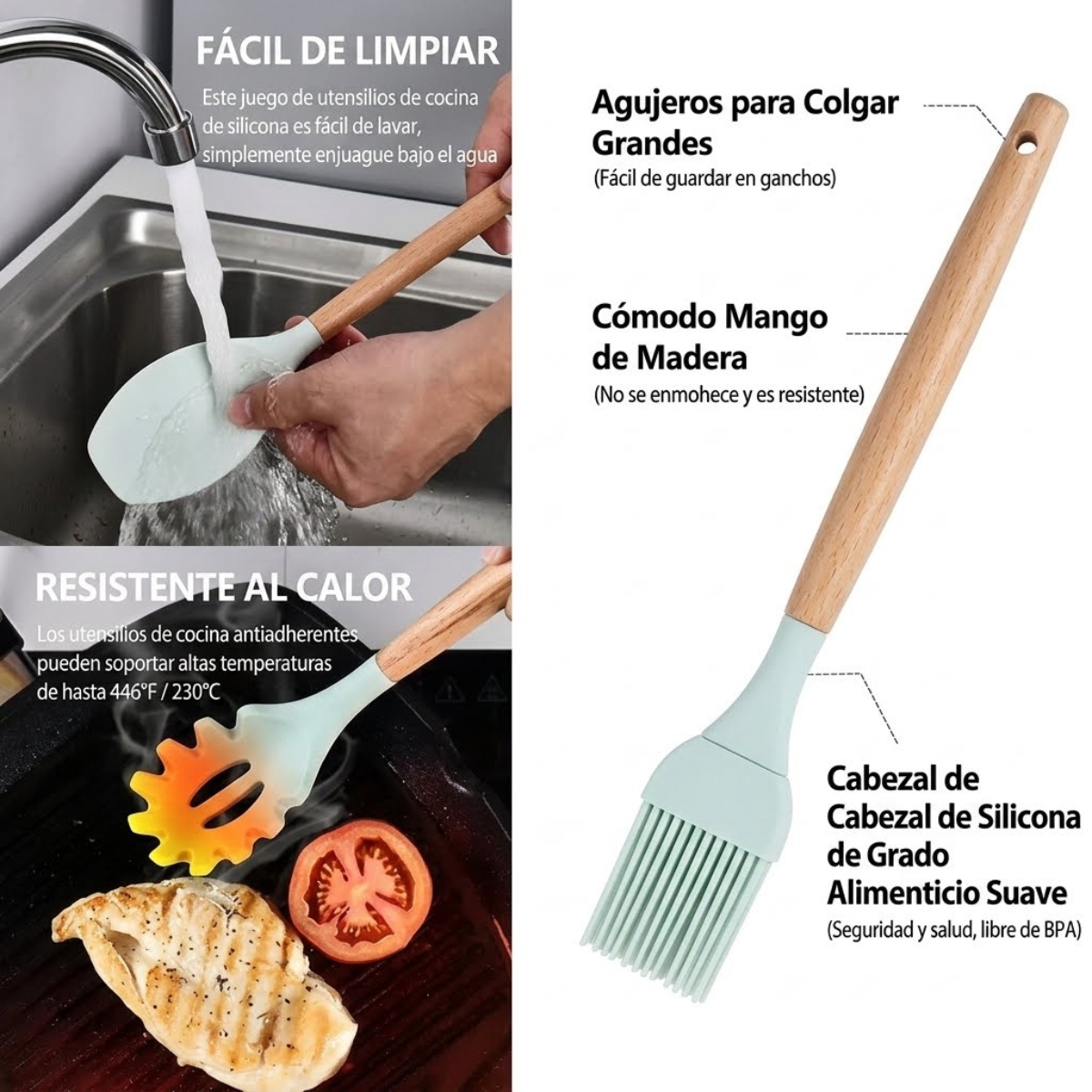 SET DE UTENSILIOS DE SILICONA DE 12 PIEZAS VERDE AGUA - 6